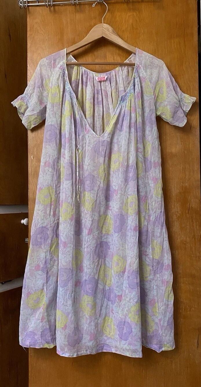 Vintage 60s Peasant Smocked Nightgown Sheer Dress Pastel Op Art Mod Sz S M